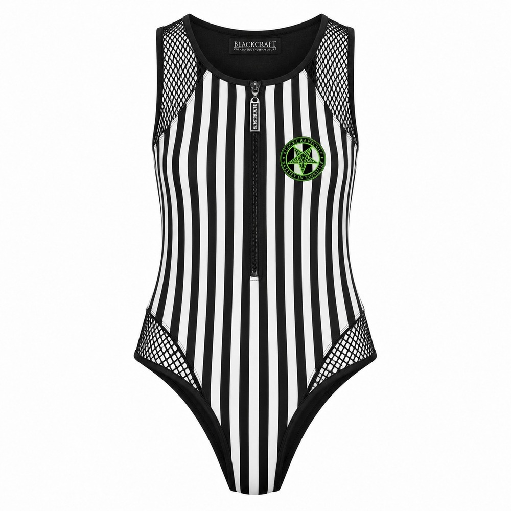 BlackCraft One Piece Swimsuit Goth Alt Striped Mesh Zip Front 3XL Emo Revival